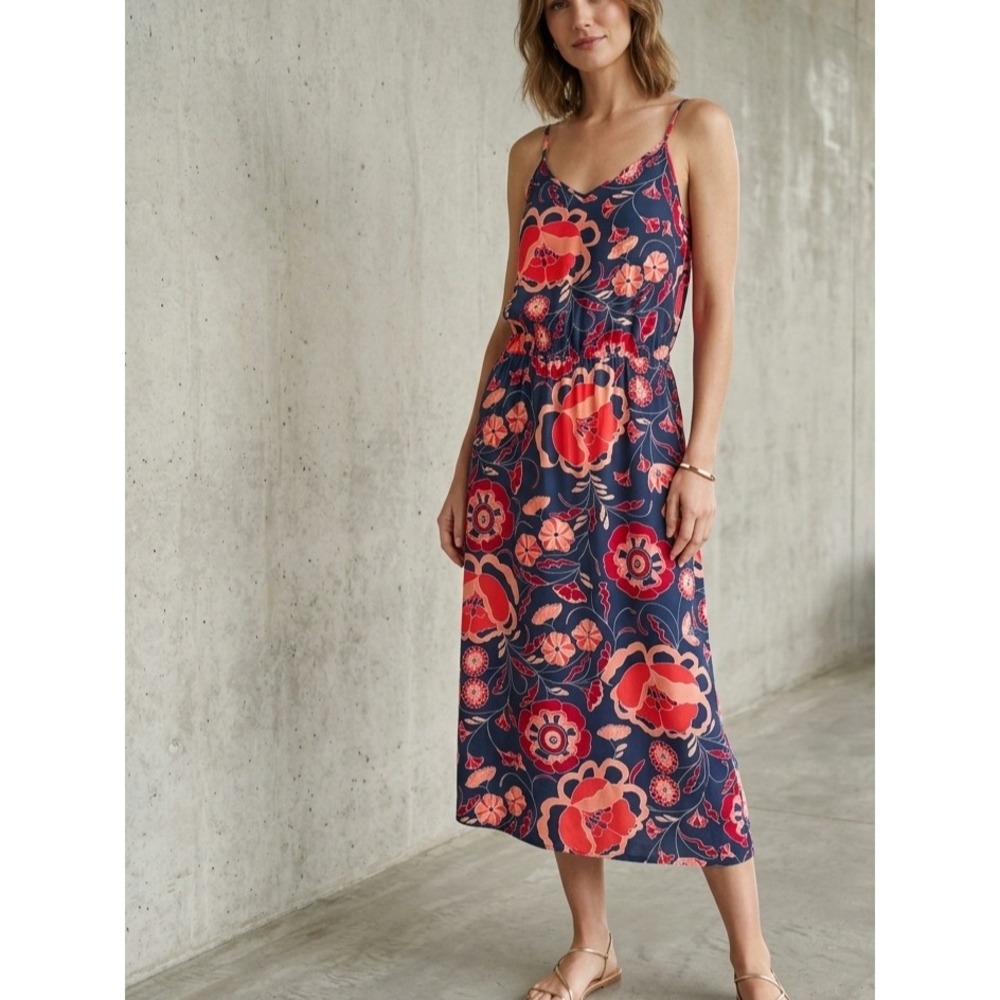 Gap Floral Boho Cami Midi Dress Navy Pink Orange L